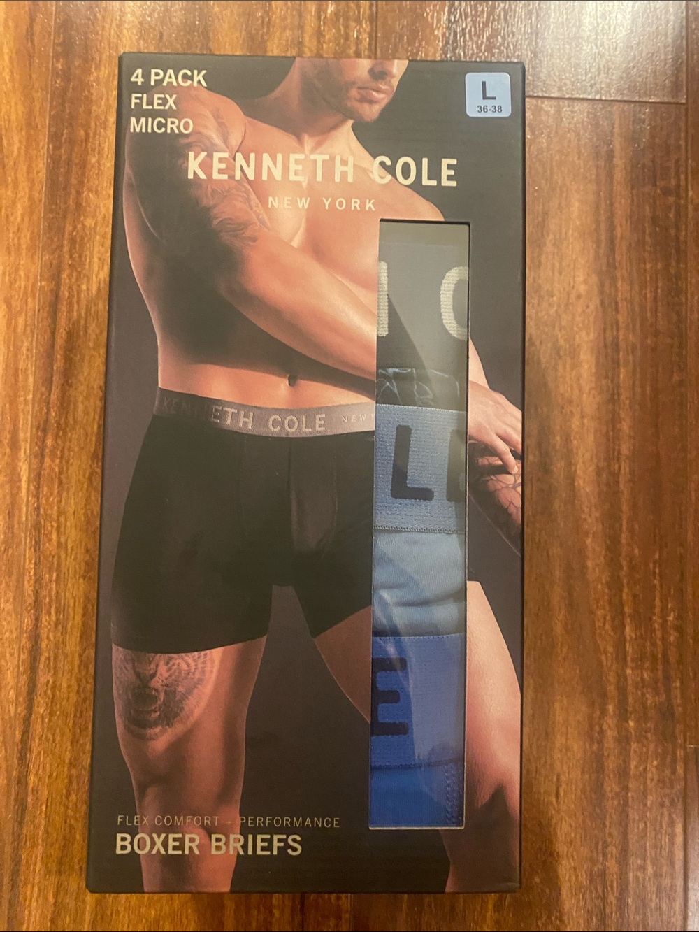 New Kenneth Cole Men’s 4-Pack Flex Micro Boxer Briefs - Black & Blue Tones